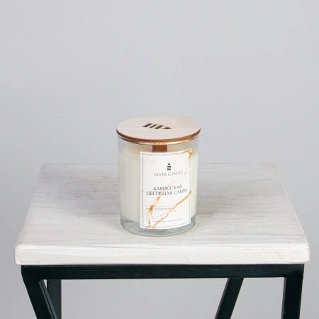 Ароматическая свеча в стакане с деревянной крышкой, Дамасская цветущая слива, 250 мл