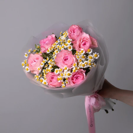 Дуобукет из пионовидной розы и ромашки 