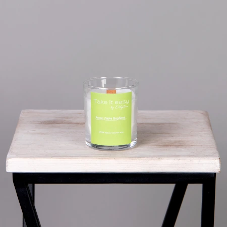 Свеча TIE в стакане с деревянной крышкой Кокос лайм вербена 190 мл.