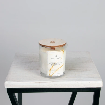 Ароматическая свеча в стакане с деревянной крышкой, Морская соль и Орхидея, 250 мл