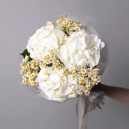 Дуобукет из белой гортензии и ромашки 