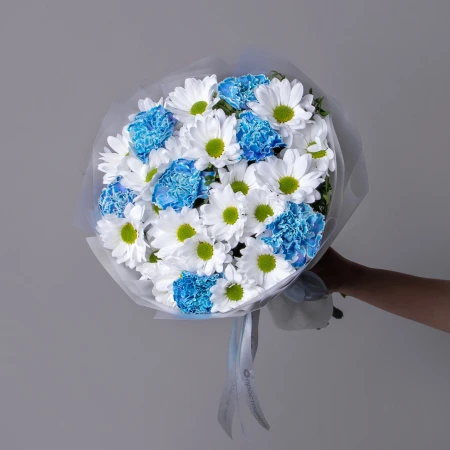 Дуобукет из голубой гвоздики и белой кустовой хризантемы 