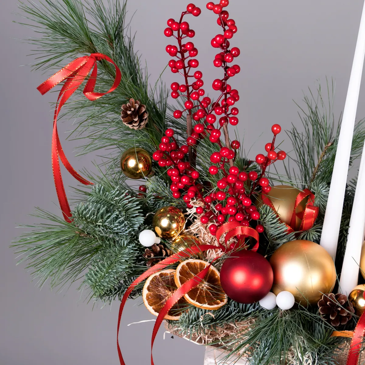 Композиция "Новогодняя с ягодами и свечами"_4