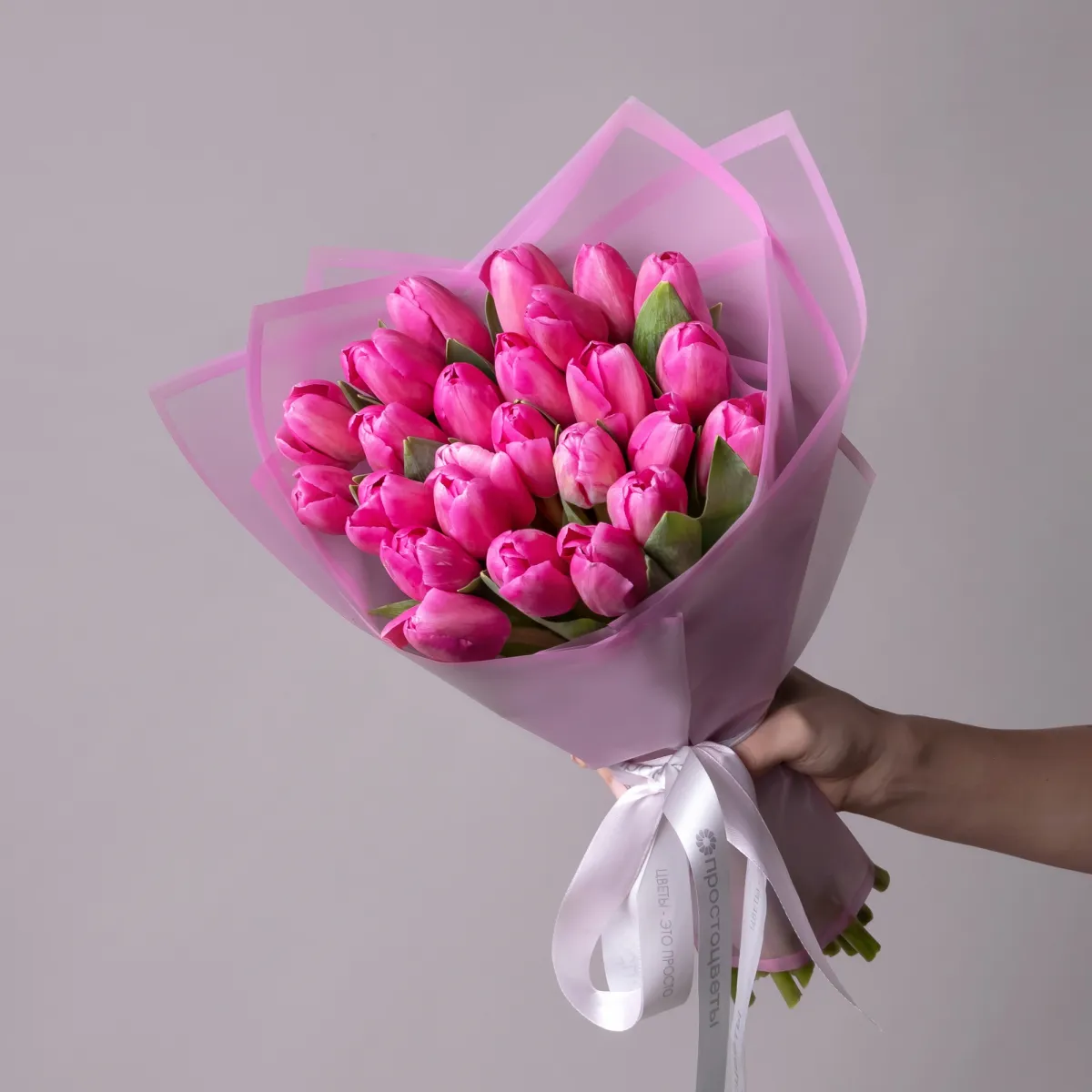 Флористический букет «Тюльпан, 25 шт, Темно-Розовый»_1