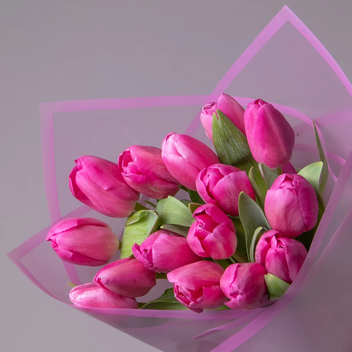 Флористический букет «Тюльпан, 15 шт, Темно-Розовый»_3