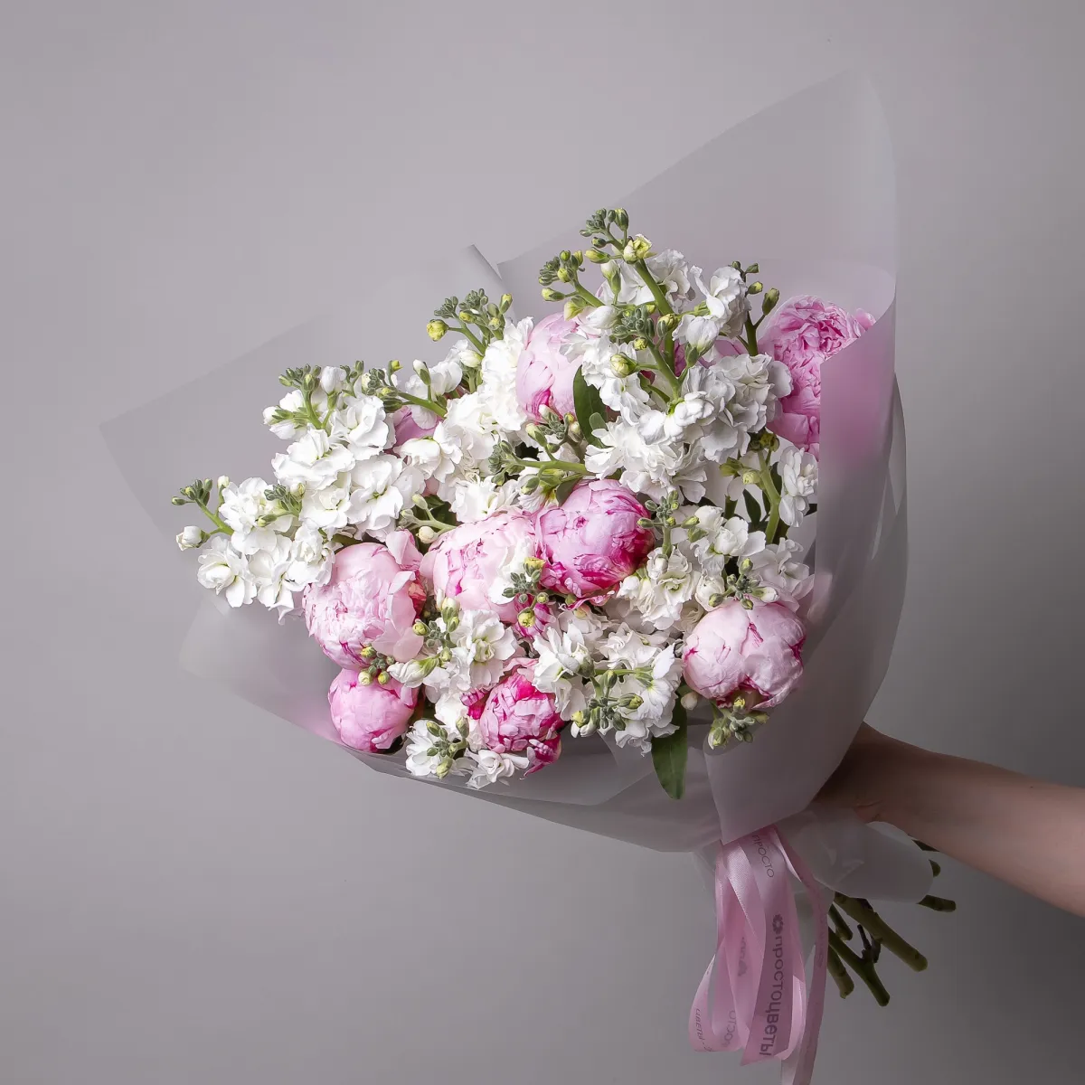 Флористический букет "Дуобукет из розовых пионов и маттиолы"_1