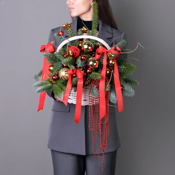 Композиция "Новогодняя в корзине красная"_2