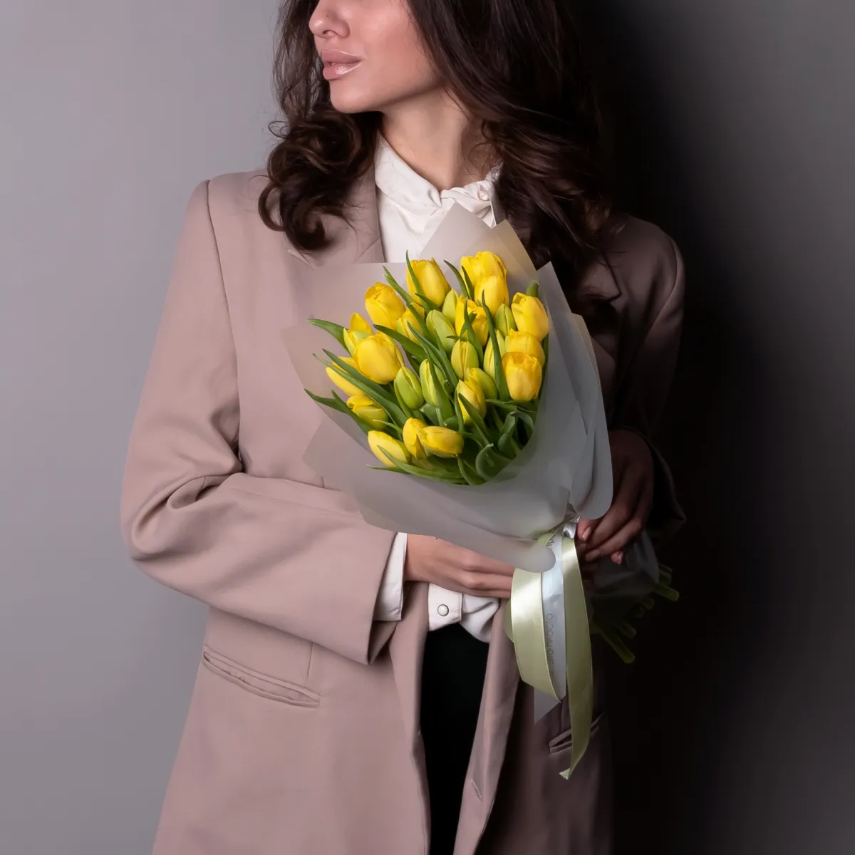 Флористический букет «Тюльпан, 25 шт, Желтый»_2