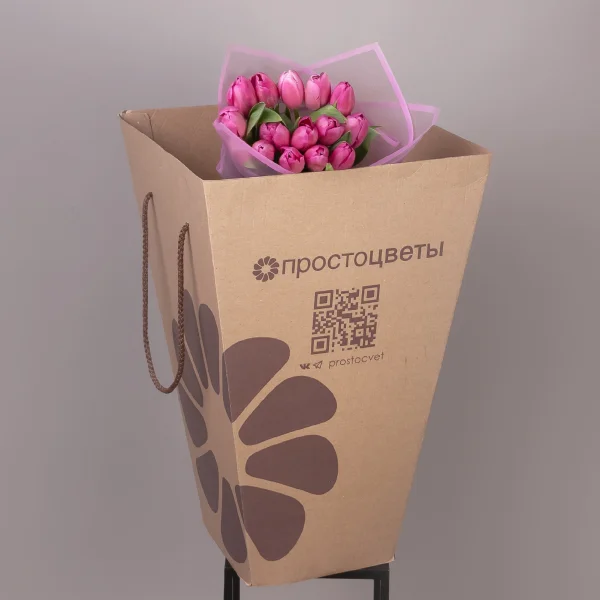 Флористический букет «Тюльпан, 15 шт, Темно-Розовый»_5