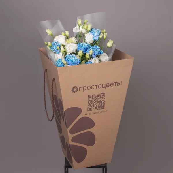 Флористический букет "Дуобукет из голубой гвоздики и белой эустомы"_5