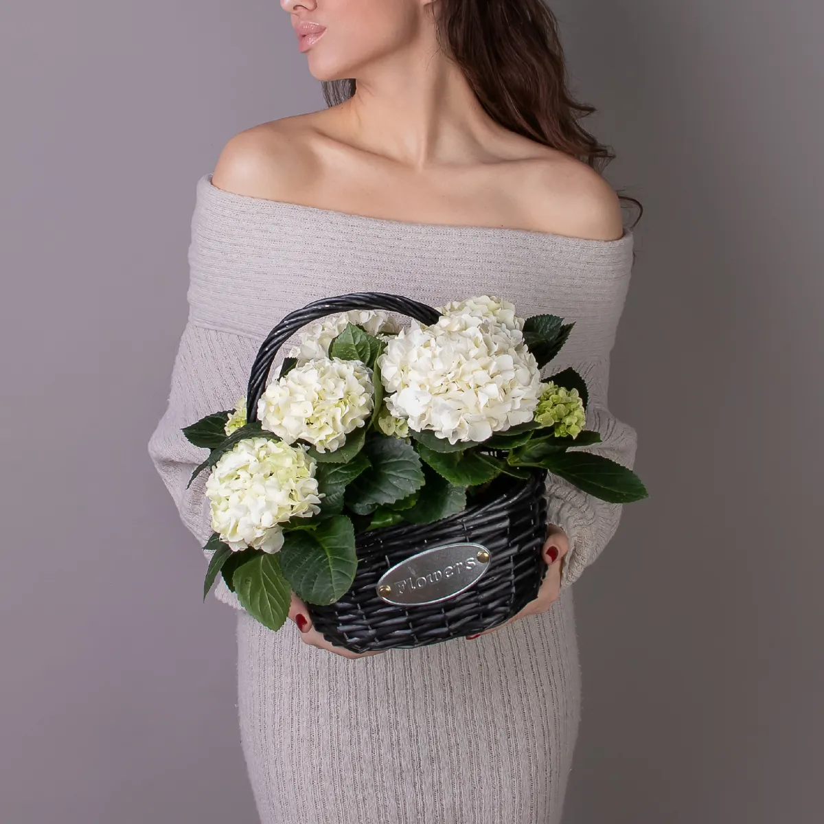 Гидрангия кустовая Белая в черной корзине_2