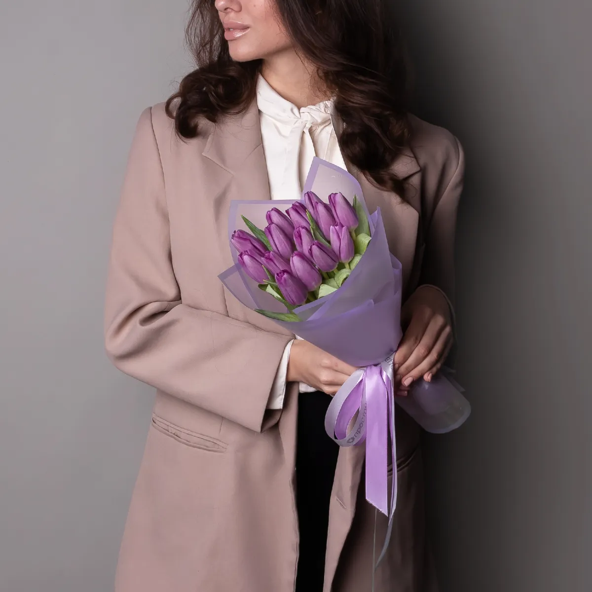 Флористический букет «Тюльпан, 15 шт, Сиреневый»_2