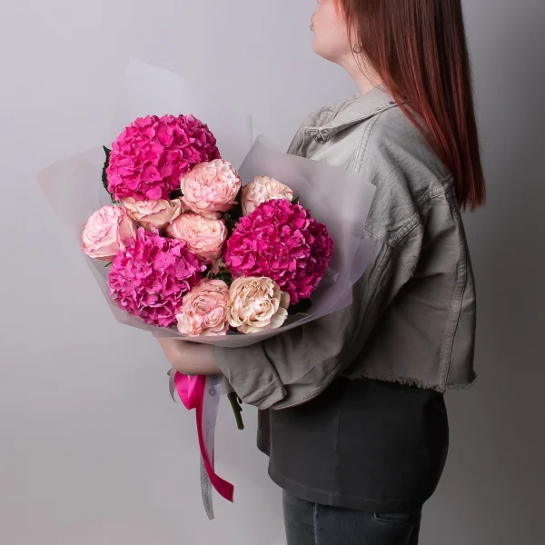 Флористический букет "Дуобукет из малиновой гортензии и розы Кантри Кенди"_2