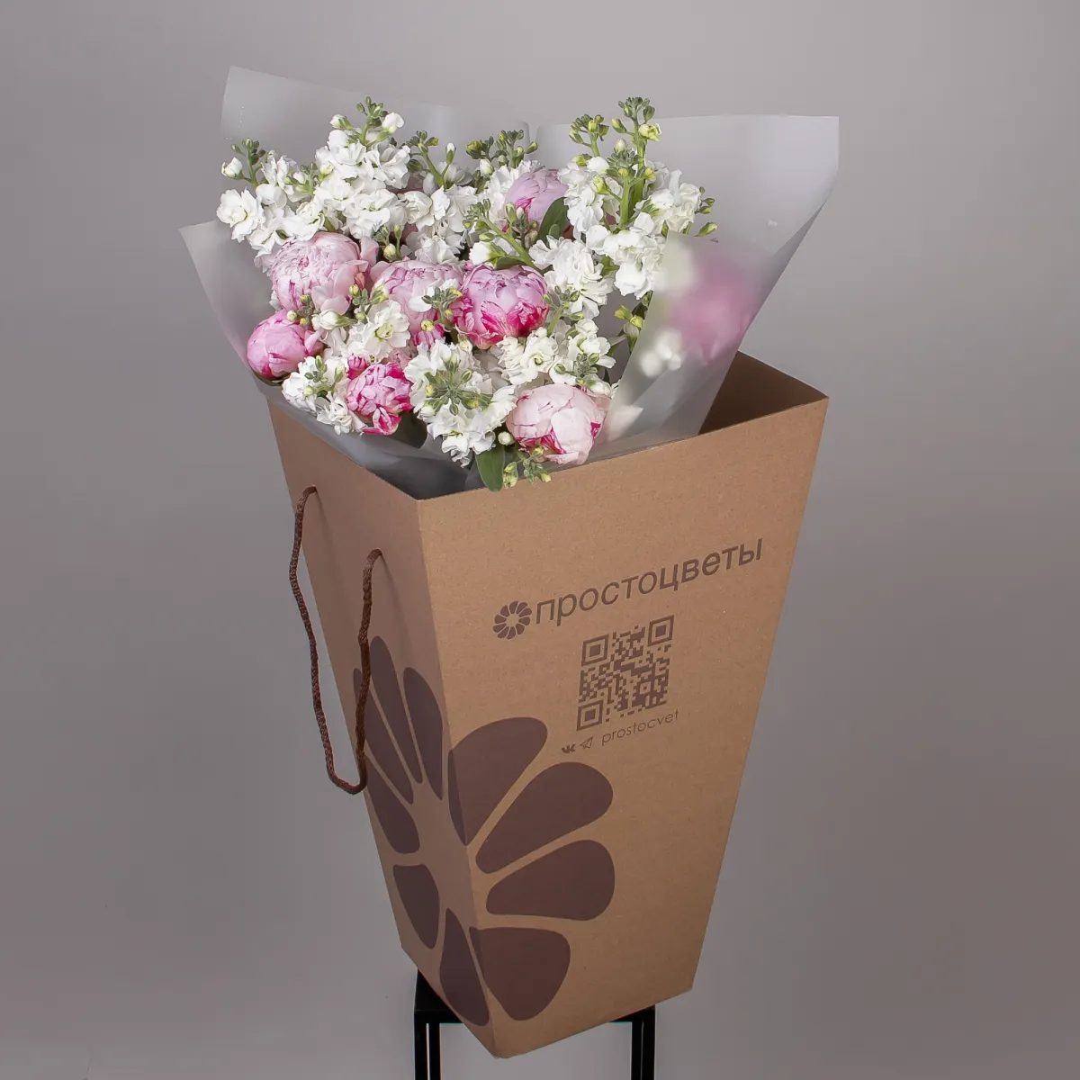 Флористический букет "Дуобукет из розовых пионов и маттиолы"_5