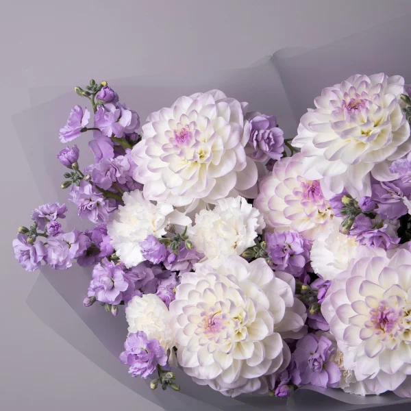 Флористический букет "Триобукет из георгин, маттиолы и диантусов"_3