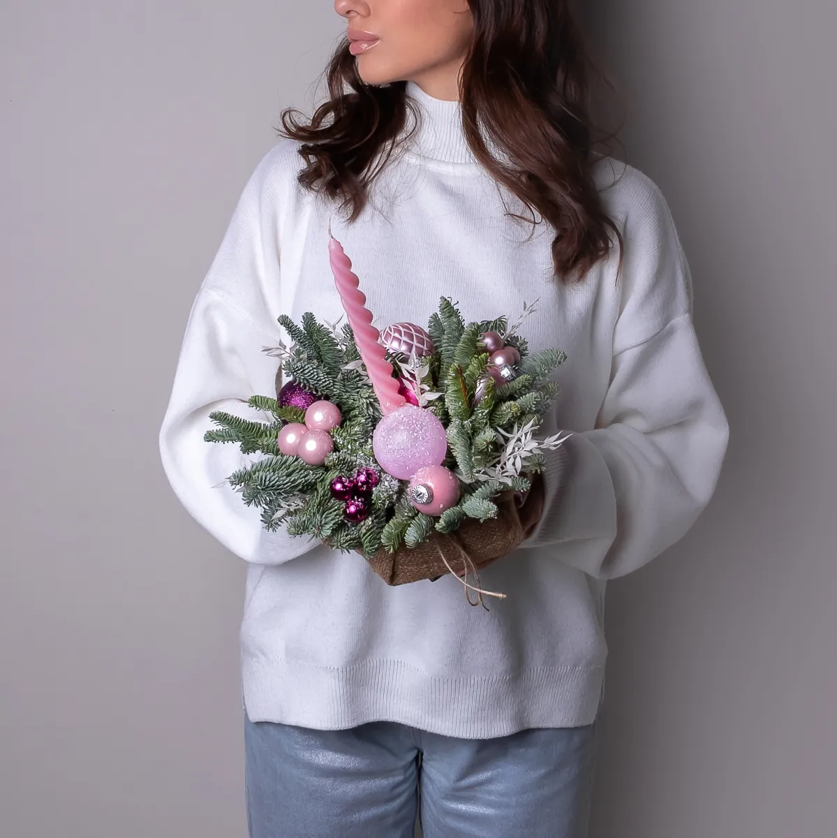 Композиция "Новогодняя со свечой Розовая S"_2