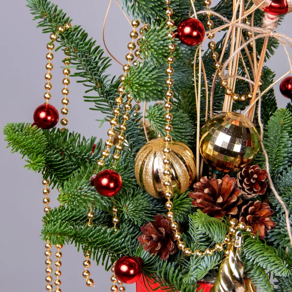 Композиция "Новогодняя с золотыми бусами в красном кашпо"_3