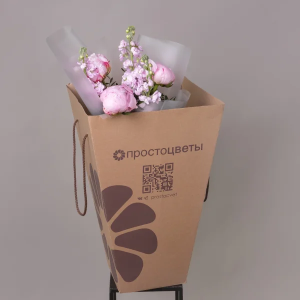 Флористический букет "Дуобукет из розового пиона и маттиолы"_5