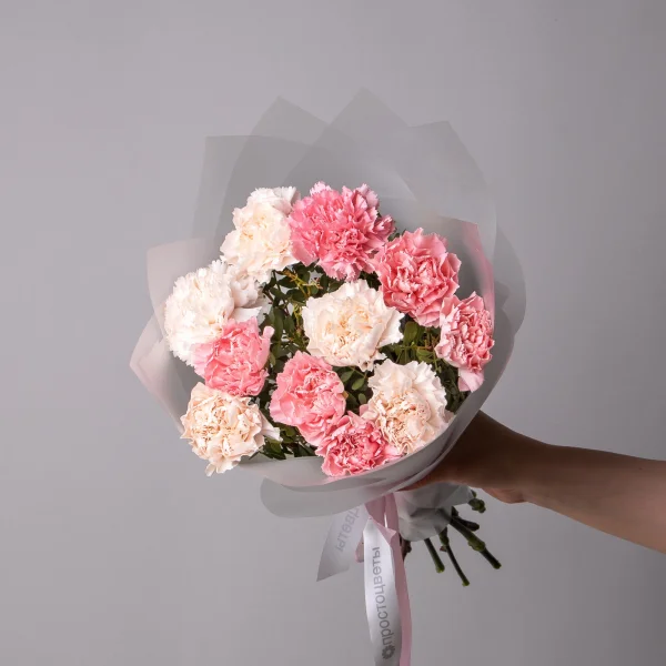 Флористический букет "Дуобукет из розовых и кремовых гвоздик"_1
