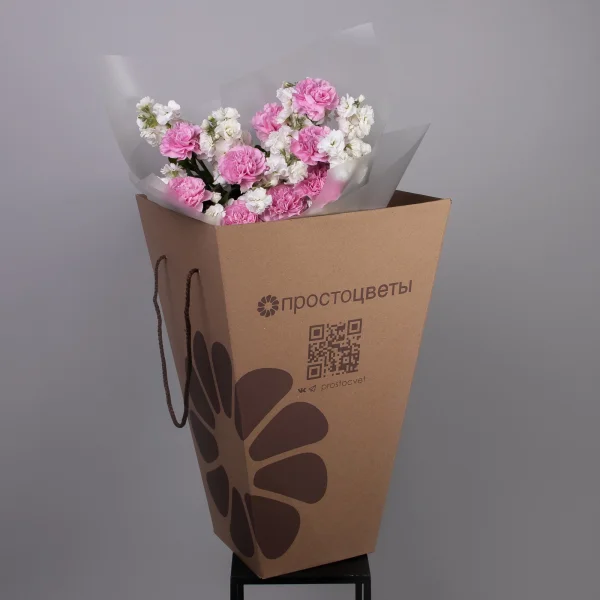 Флористический букет "Дуобукет из белой маттиолы и розовой гвоздики"_5