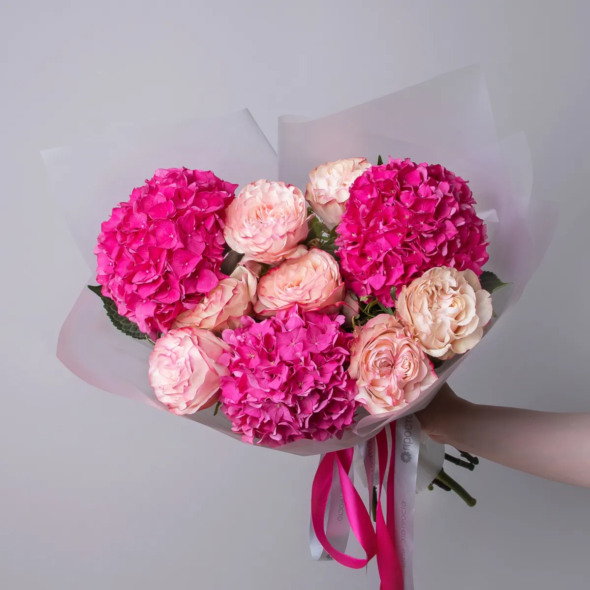 Флористический букет "Дуобукет из малиновой гортензии и розы Кантри Кенди"_1