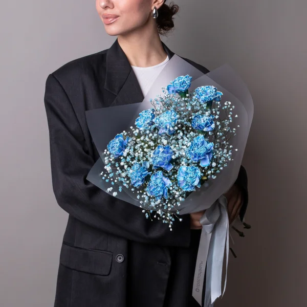 Флористический букет "Дуобукет из голубой гвоздики и гипсофилы"_2