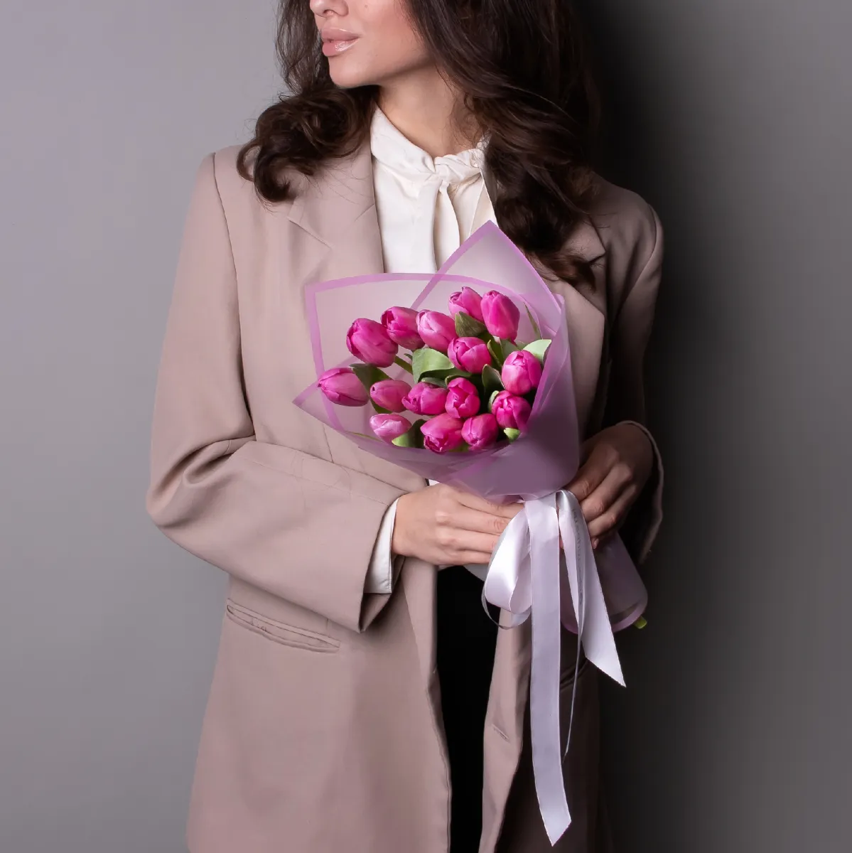 Флористический букет «Тюльпан, 15 шт, Темно-Розовый»_2