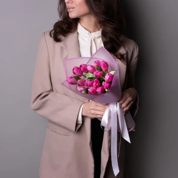 Флористический букет «Тюльпан, 15 шт, Темно-Розовый»_2