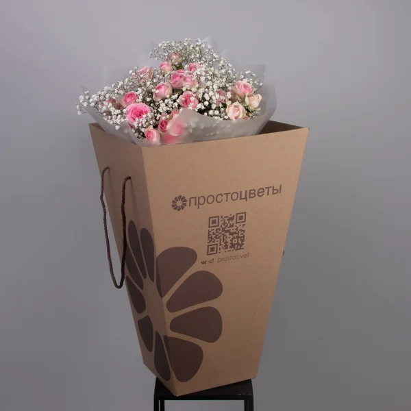 Флористический букет "Дуобукет из белой гипсофилы и розовой кустовой розы"_5