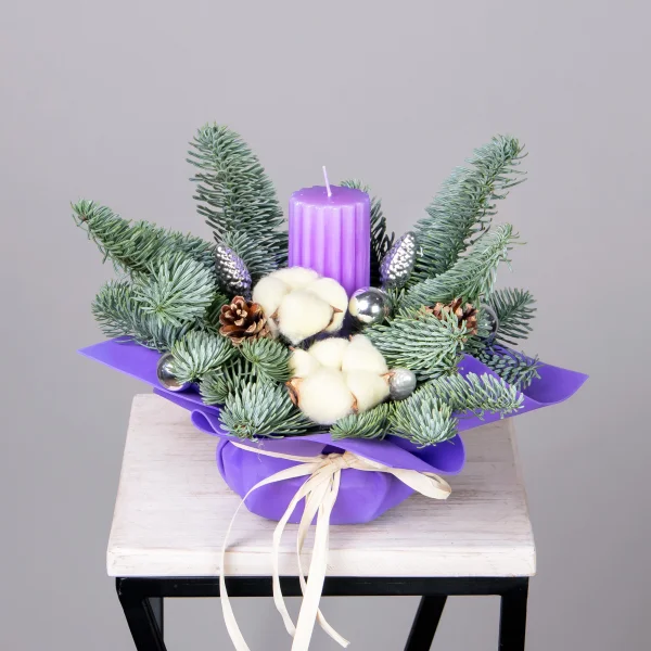 Композиция "Новогодняя с хлопком и сиреневой свечой"_1