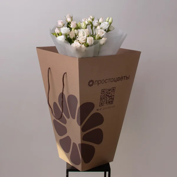 Флористический букет "Дуобукет из белой эустомы и кремовой кустовой розы"_5