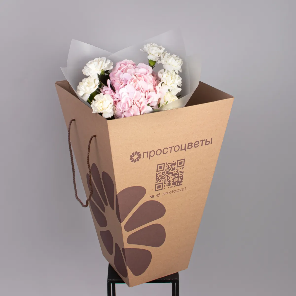 Флористический букет "Дуобукет из розовой гортензии и белых диантусов"_5