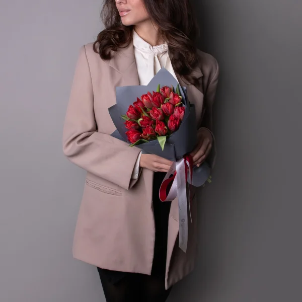Флористический букет "Тюльпан, 15 шт, ду Красный" _2