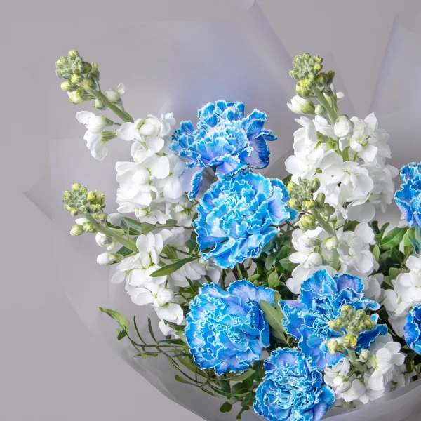 Флористический букет "Дуобукет из голубой гвоздики и белой маттиолы"_3
